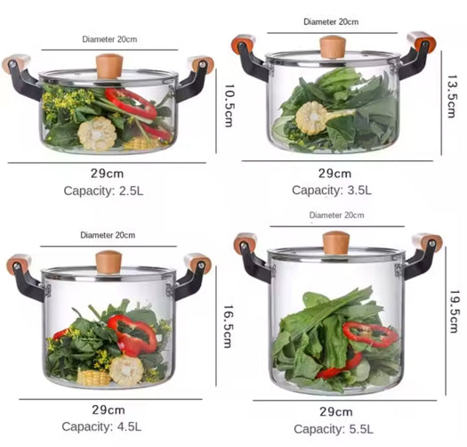 Heavy Duty Borosilicate Thick Glass Cooking Pots 2 Quarts to 5.8 Quarts
