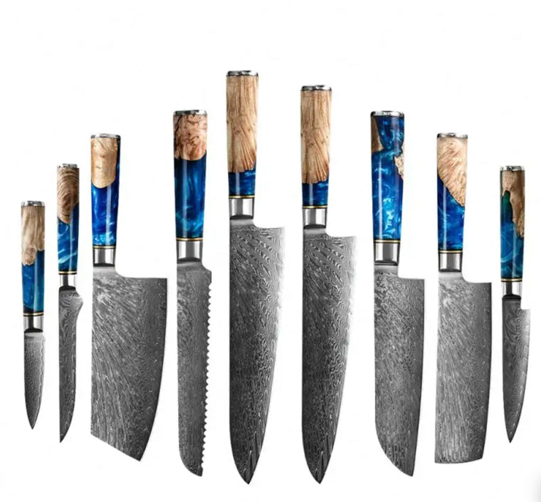 Chef Knife sets with Ocean and Wood Handle, Carbon Steel Damascus Knife set