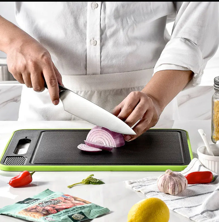 The "You Ain't Never Seen a Cutting Board Like This": 4-in-1 Defrosting Tray, Knife Sharpener, Garlic Grater and oh yes, Chopping Board!