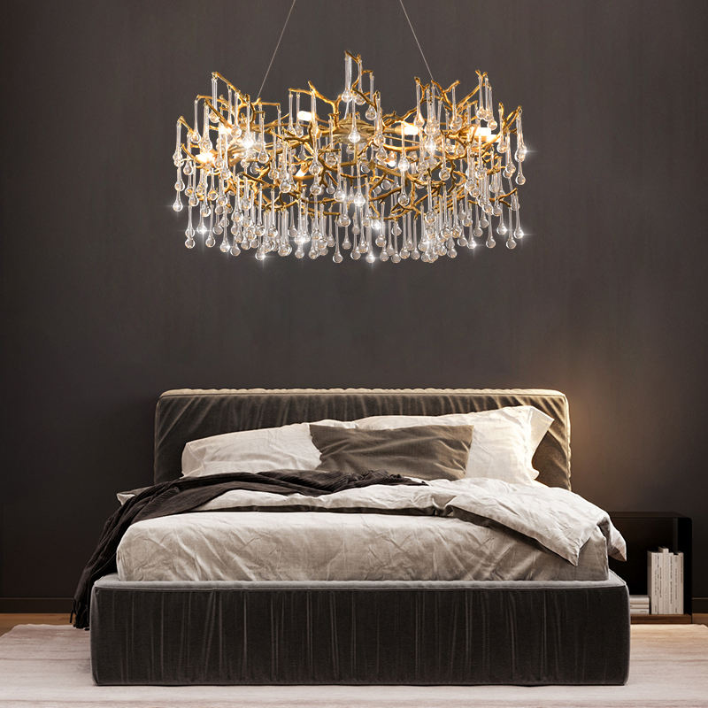 Rubbed Black Gold Tree Branch Brass Drop Chandelier