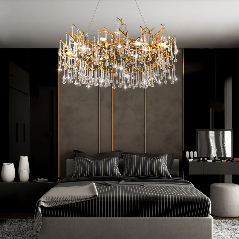 Rubbed Black Gold Tree Branch Brass Drop Chandelier