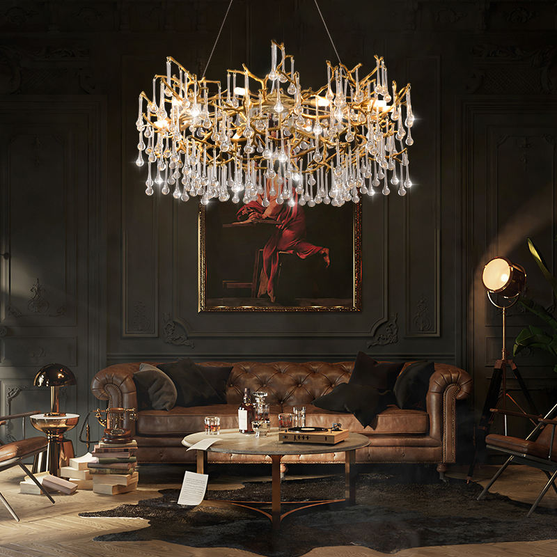Rubbed Black Gold Tree Branch Brass Drop Chandelier
