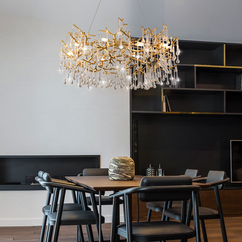 Rubbed Black Gold Tree Branch Brass Drop Chandelier